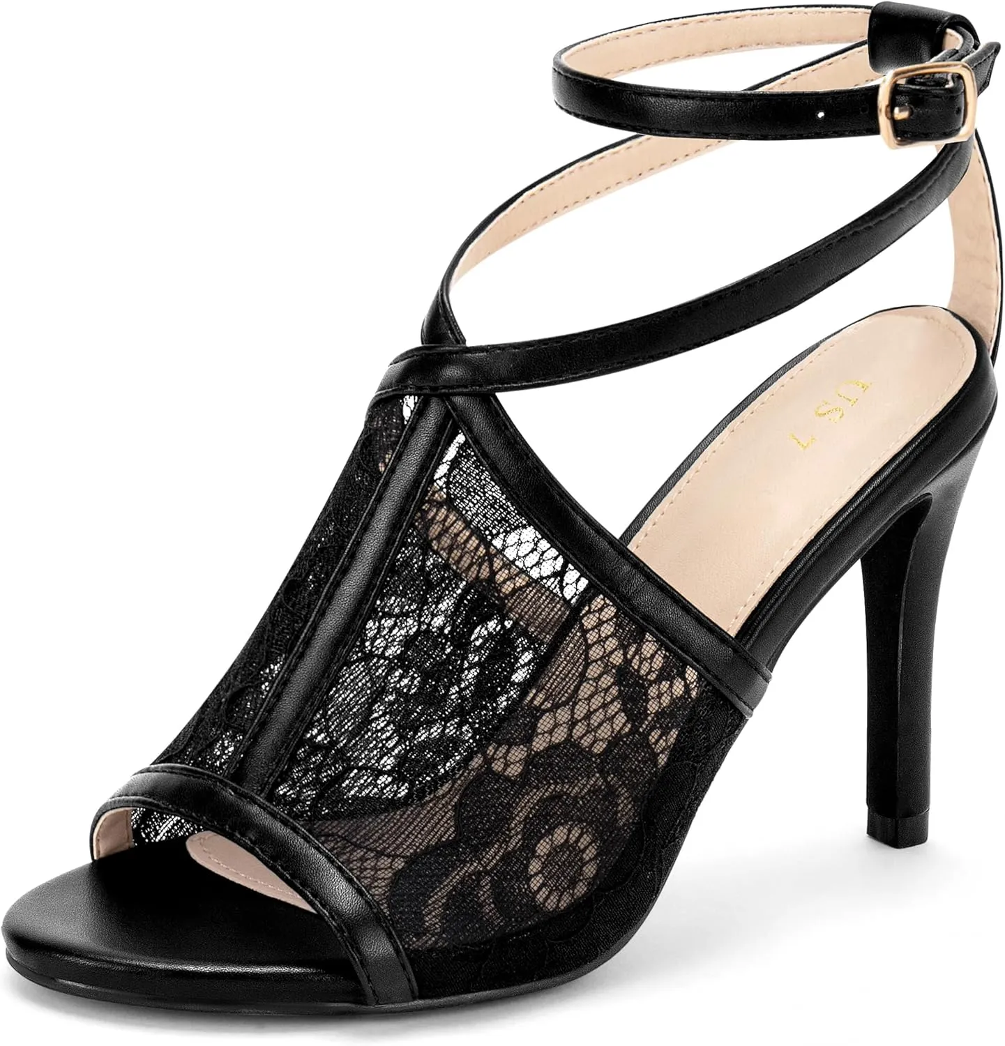 Perphy Peep Toe Stiletto Heel Ankle Strap Lace Heel Sandals for Women