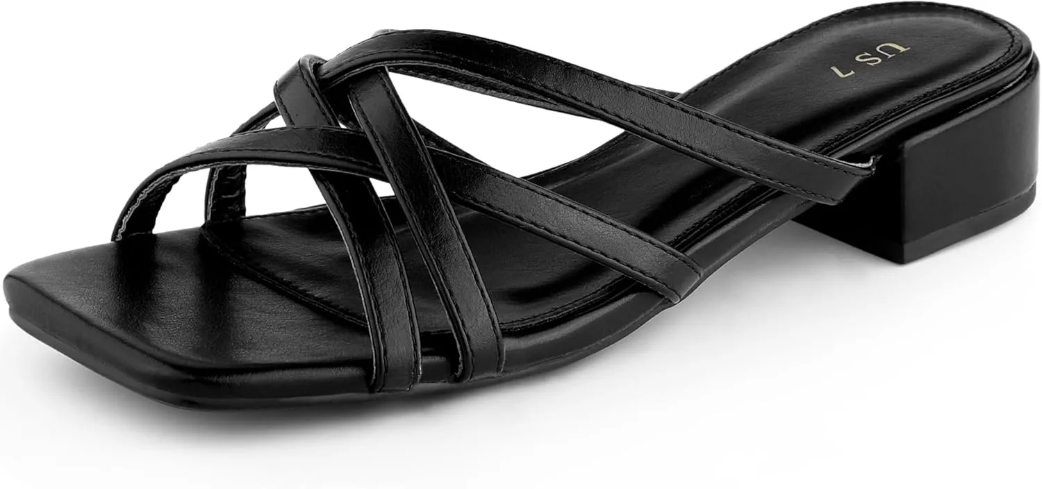 Perphy Strappy Heels Slip on Slides Mules Square Open Toe Block Heels Sandals for Women