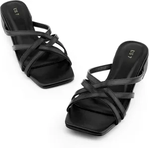 Perphy Strappy Heels Slip on Slides Mules Square Open Toe Block Heels Sandals for Women