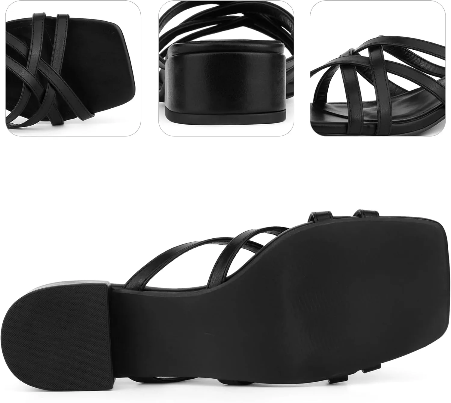 Perphy Strappy Heels Slip on Slides Mules Square Open Toe Block Heels Sandals for Women