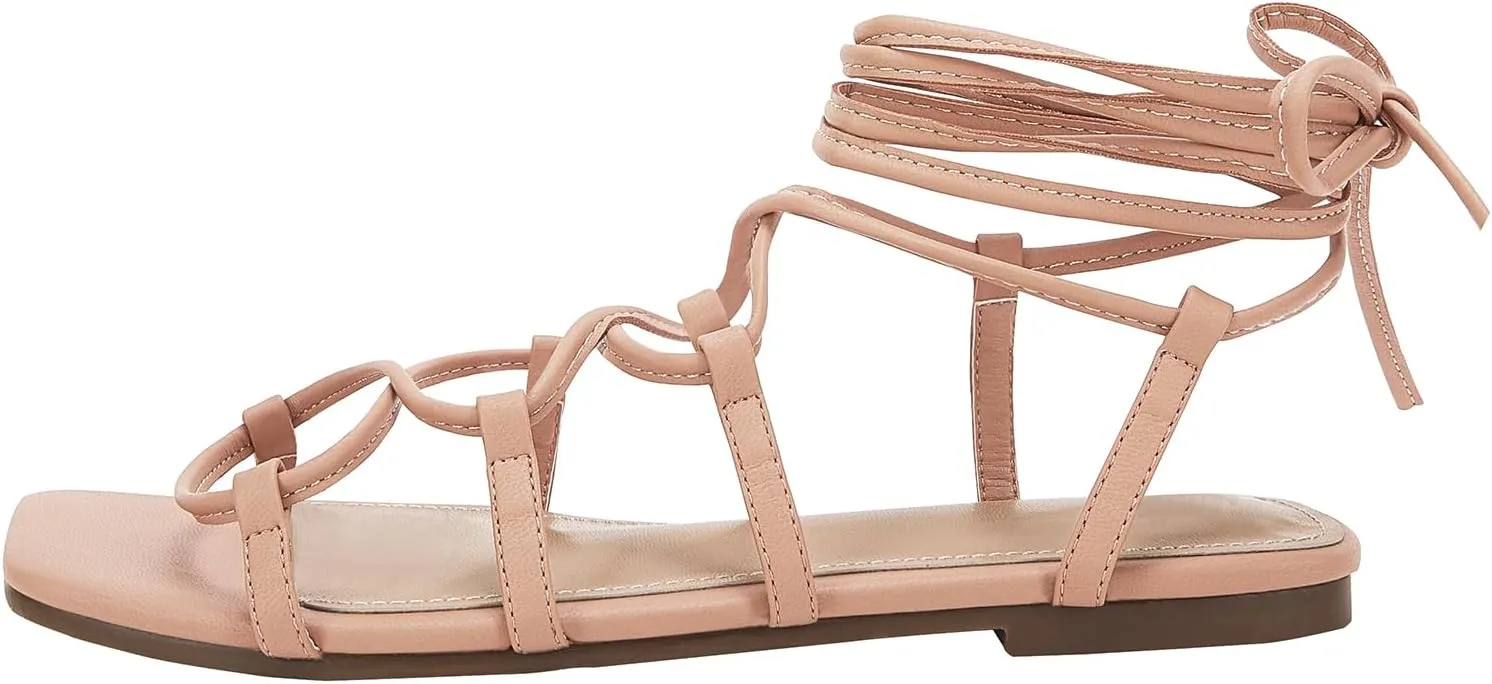 PiePieBuy Womens Lace up Square Toes Flat Sandals with Ankle Strap Summer Criss-Cross Gladiator Shoes