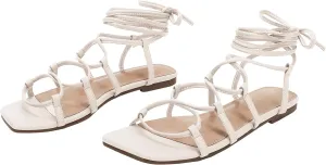 PiePieBuy Womens Lace up Square Toes Flat Sandals with Ankle Strap Summer Criss-Cross Gladiator Shoes
