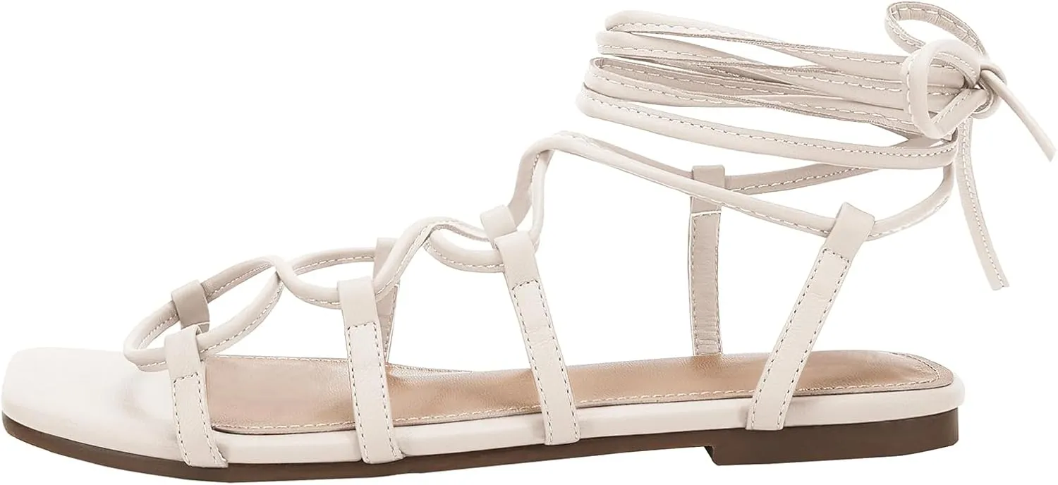 PiePieBuy Womens Lace up Square Toes Flat Sandals with Ankle Strap Summer Criss-Cross Gladiator Shoes