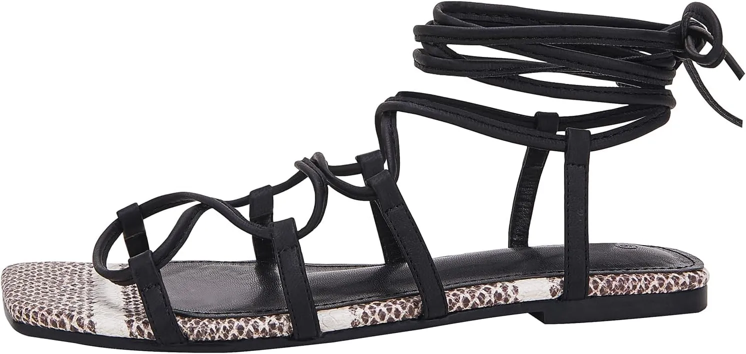 PiePieBuy Womens Lace up Square Toes Flat Sandals with Ankle Strap Summer Criss-Cross Gladiator Shoes