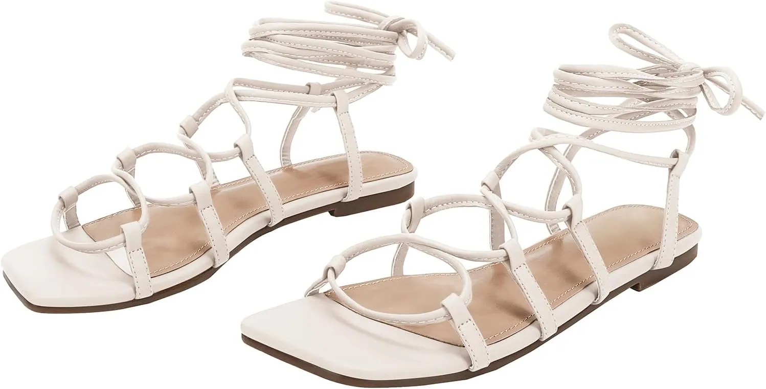 PiePieBuy Womens Lace up Square Toes Flat Sandals with Ankle Strap Summer Criss-Cross Gladiator Shoes