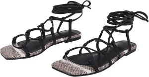 PiePieBuy Womens Lace up Square Toes Flat Sandals with Ankle Strap Summer Criss-Cross Gladiator Shoes