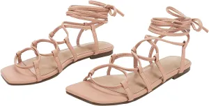 PiePieBuy Womens Lace up Square Toes Flat Sandals with Ankle Strap Summer Criss-Cross Gladiator Shoes