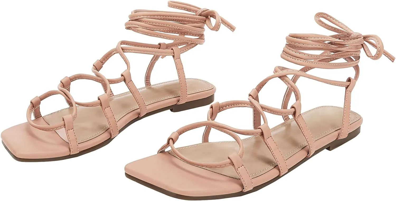PiePieBuy Womens Lace up Square Toes Flat Sandals with Ankle Strap Summer Criss-Cross Gladiator Shoes