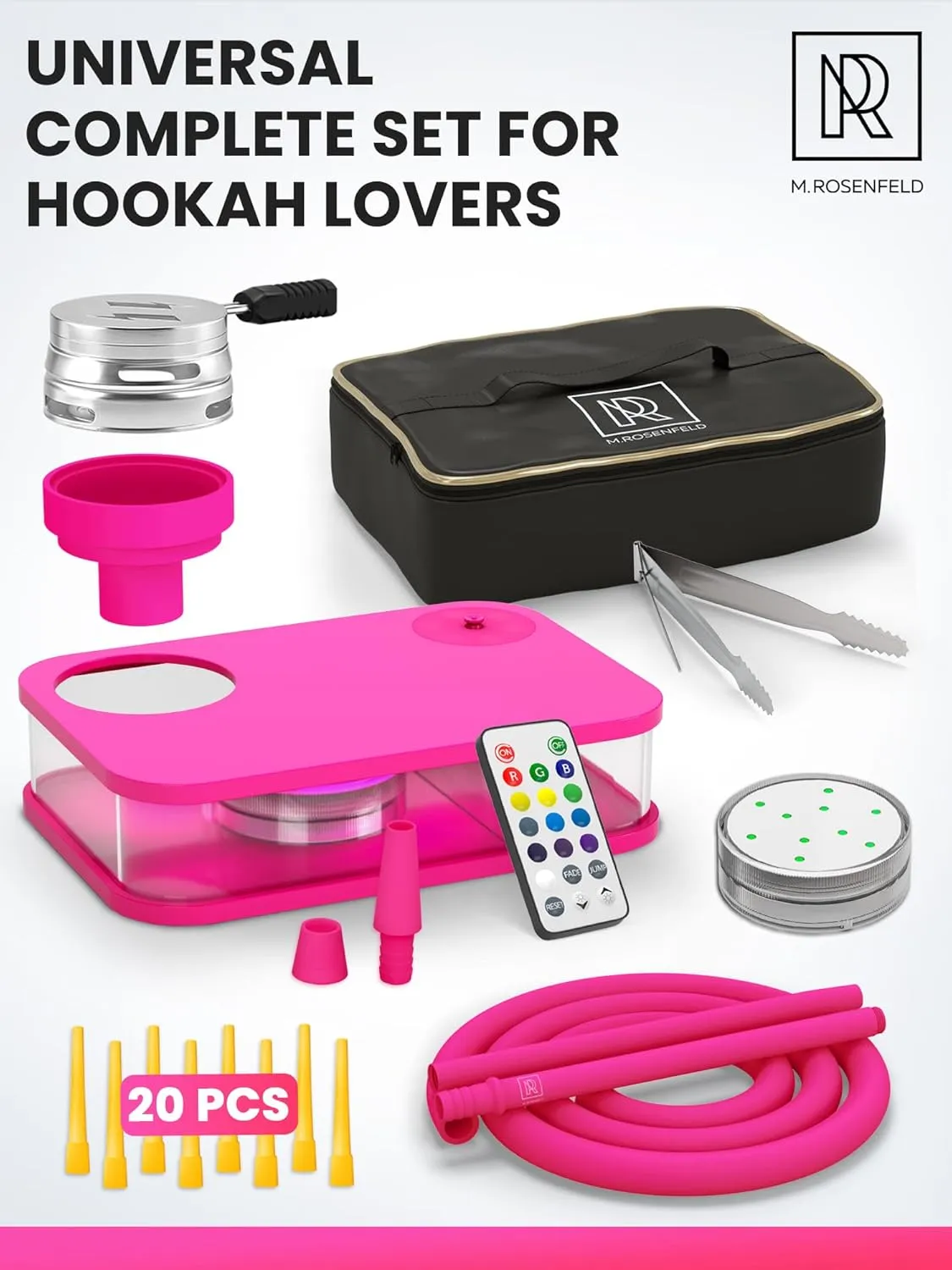 Pink Hookah Set With Everything - Premium Pink Hookah Set And Bag For Travel Flat Hookah Box With Charcoal Holder & Coal Cover- Travel Hooka by M. ROSENFELD