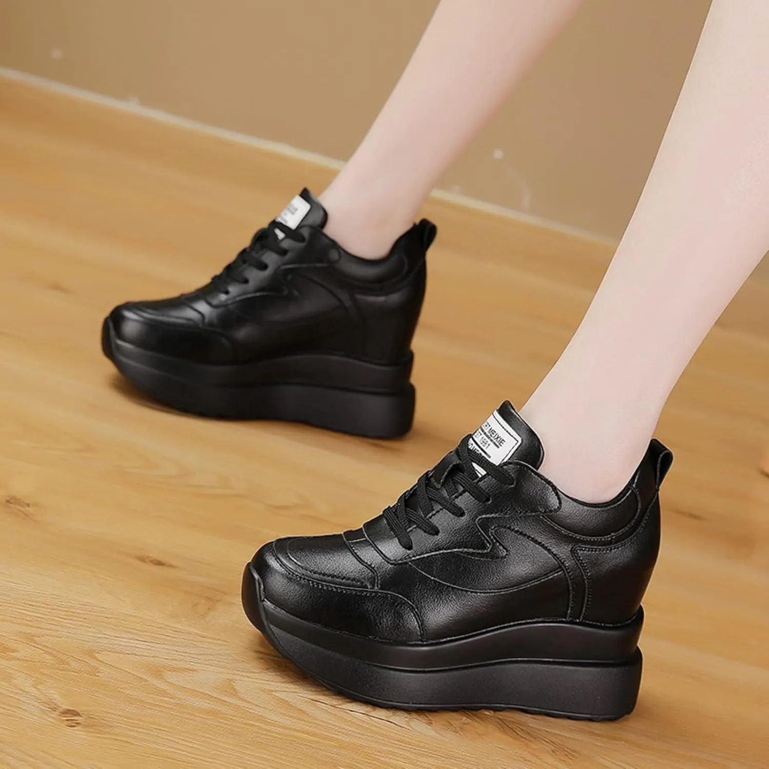 Platform Sneakers for Women - High Hidden Heel Wedge Fashion Leather Chunky Lace up Wedge Tennis Shoes Increasing 3.94 inch