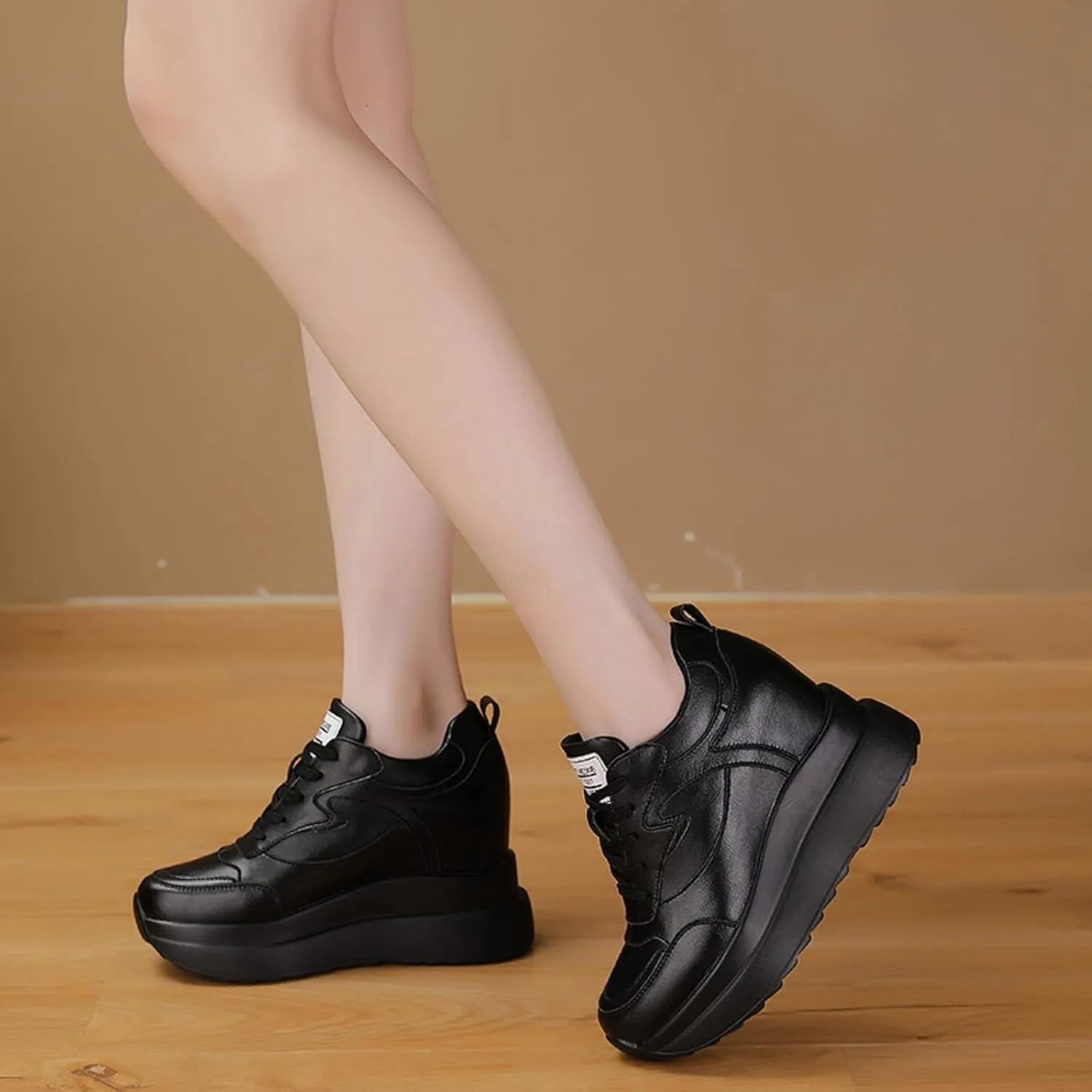 Platform Sneakers for Women - High Hidden Heel Wedge Fashion Leather Chunky Lace up Wedge Tennis Shoes Increasing 3.94 inch