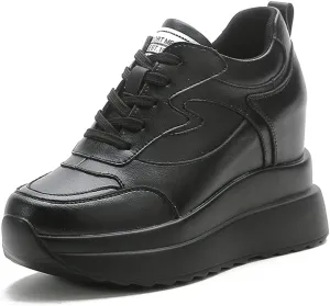 Platform Sneakers for Women - High Hidden Heel Wedge Fashion Leather Chunky Lace up Wedge Tennis Shoes Increasing 3.94 inch