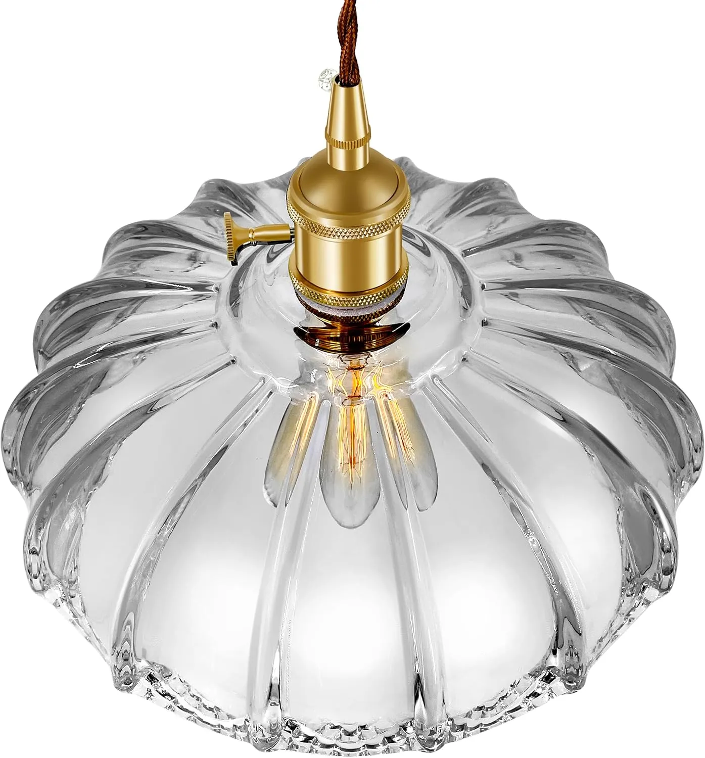 Plug-in Pendant Light Fixture, Hanging Light Fixture, Glass Pendant Light, Swag Lamp with Inline On/Off Switch for Kitchen Island, Bedroom, Dining Room, Living Room (Clear Lotus, Plug-in)
