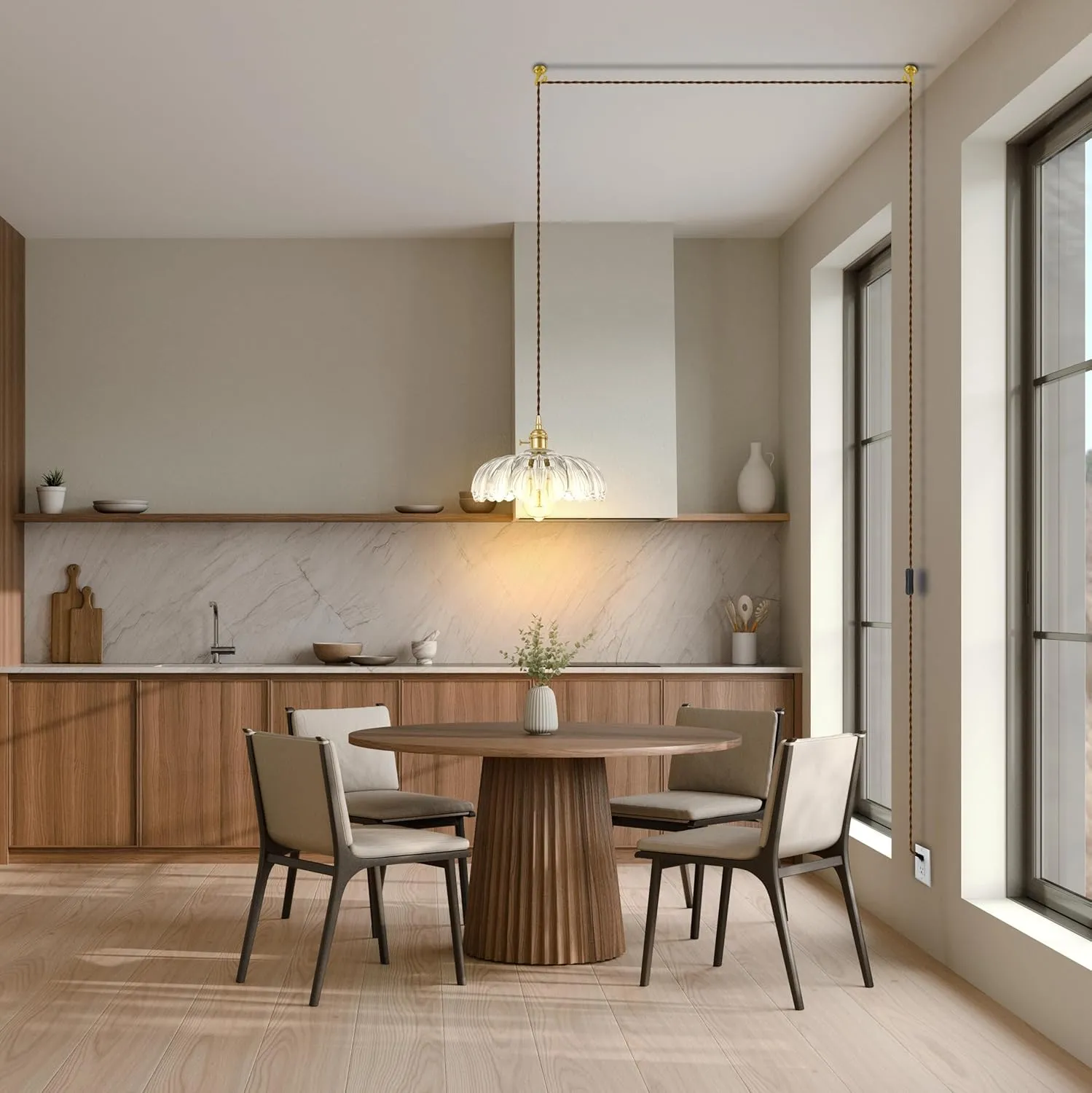 Plug-in Pendant Light Fixture, Hanging Light Fixture, Glass Pendant Light, Swag Lamp with Inline On/Off Switch for Kitchen Island, Bedroom, Dining Room, Living Room (Clear Lotus, Plug-in)