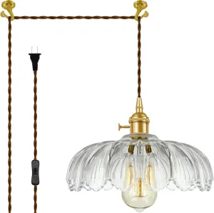 Plug-in Pendant Light Fixture, Hanging Light Fixture, Glass Pendant Light, Swag Lamp with Inline On/Off Switch for Kitchen Island, Bedroom, Dining Room, Living Room (Clear Lotus, Plug-in)
