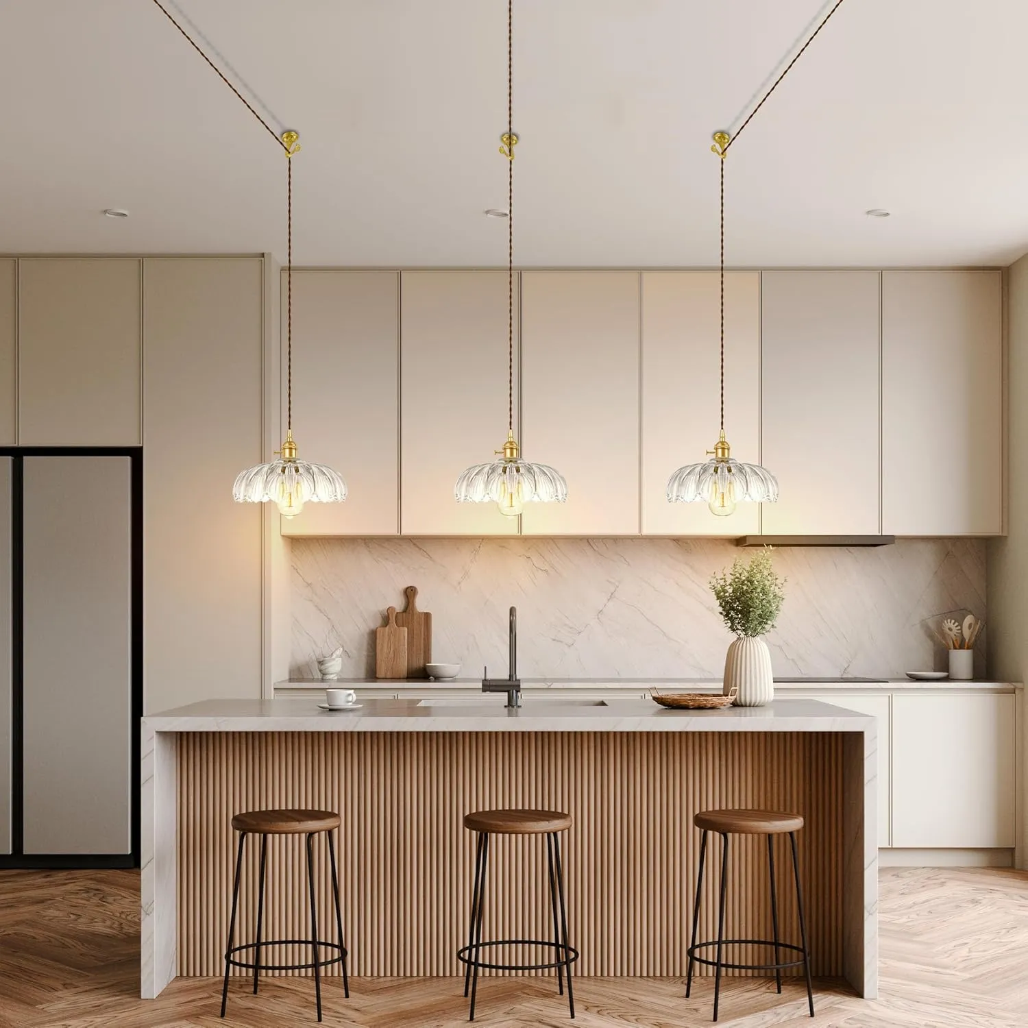 Plug-in Pendant Light Fixture, Hanging Light Fixture, Glass Pendant Light, Swag Lamp with Inline On/Off Switch for Kitchen Island, Bedroom, Dining Room, Living Room (Clear Lotus, Plug-in)