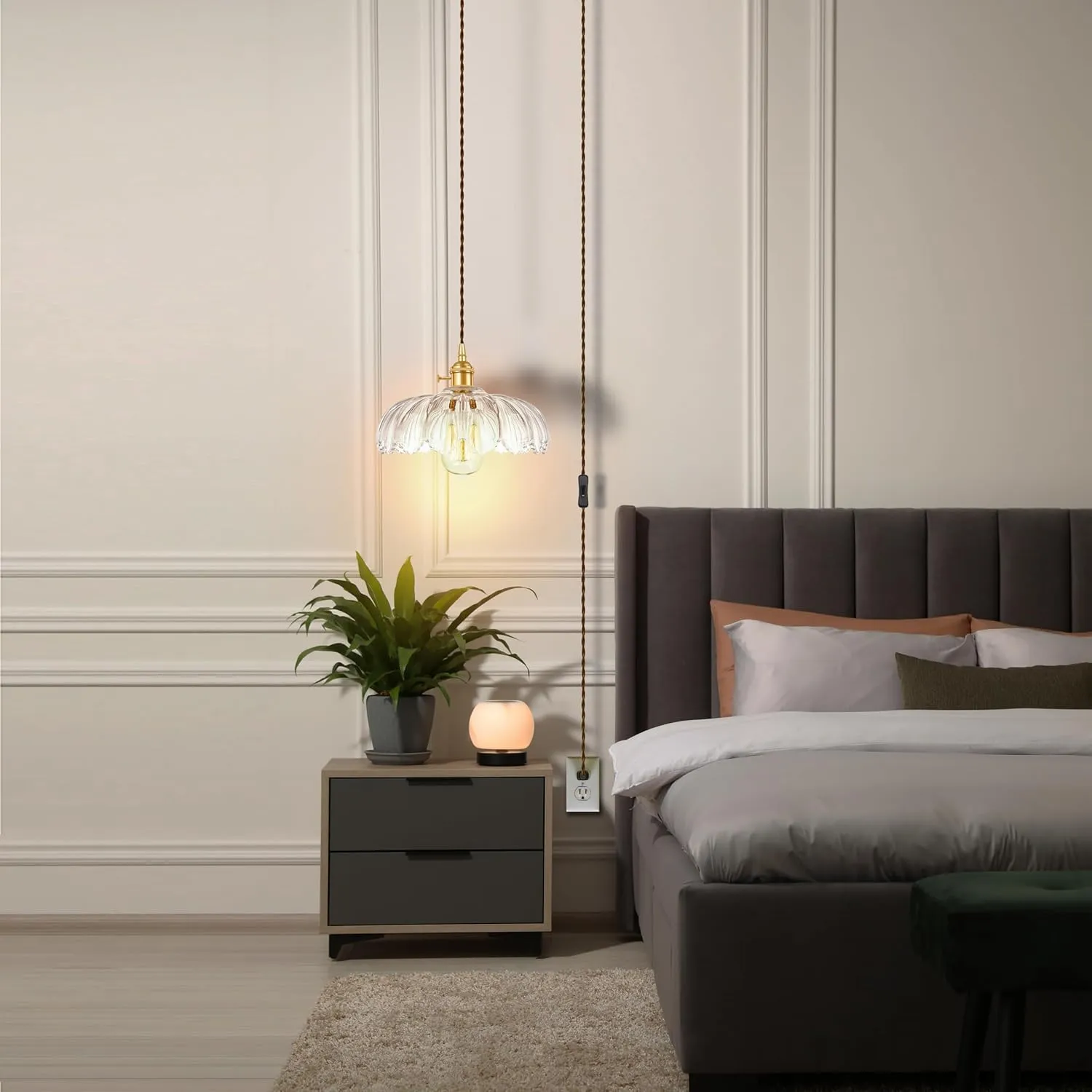 Plug-in Pendant Light Fixture, Hanging Light Fixture, Glass Pendant Light, Swag Lamp with Inline On/Off Switch for Kitchen Island, Bedroom, Dining Room, Living Room (Clear Lotus, Plug-in)