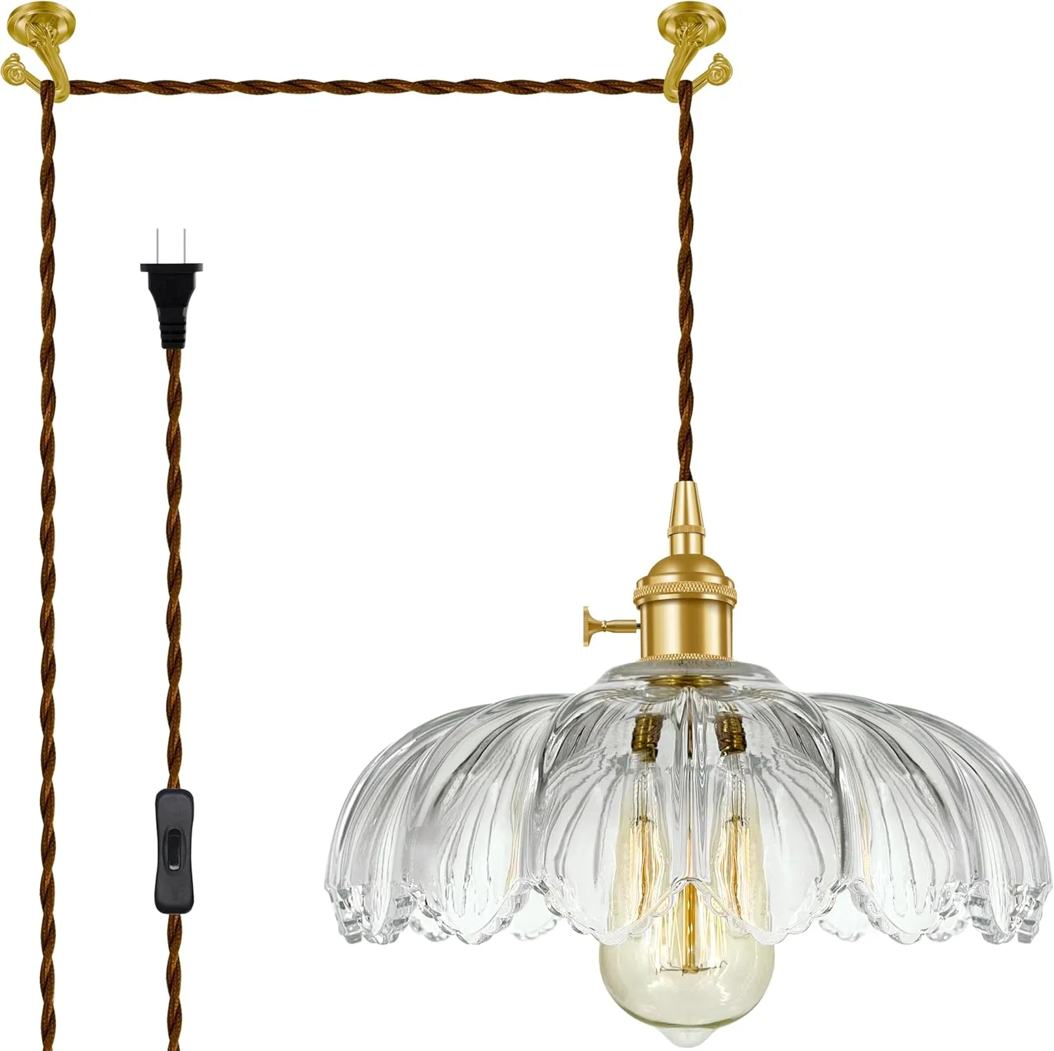 Plug-in Pendant Light Fixture, Hanging Light Fixture, Glass Pendant Light, Swag Lamp with Inline On/Off Switch for Kitchen Island, Bedroom, Dining Room, Living Room (Clear Lotus, Plug-in)