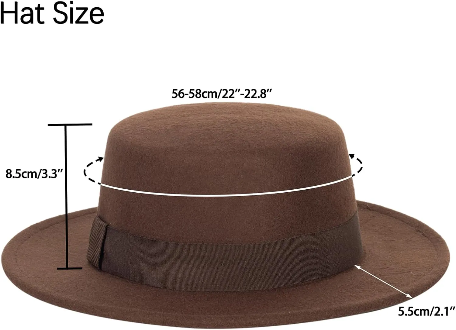 Pork-Pie-Fedora-Hat Wide Brim Felt Flat-Top-Boater Hat for Men Women(Size:M)
