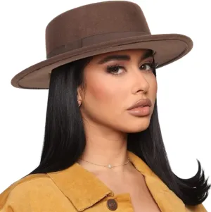 Pork-Pie-Fedora-Hat Wide Brim Felt Flat-Top-Boater Hat for Men Women(Size:M)