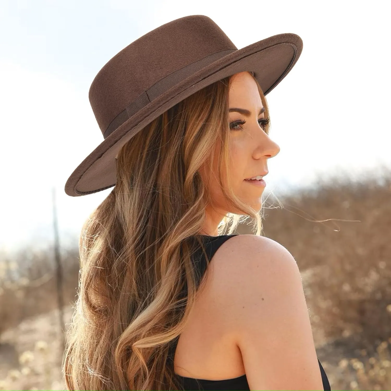 Pork-Pie-Fedora-Hat Wide Brim Felt Flat-Top-Boater Hat for Men Women(Size:M)