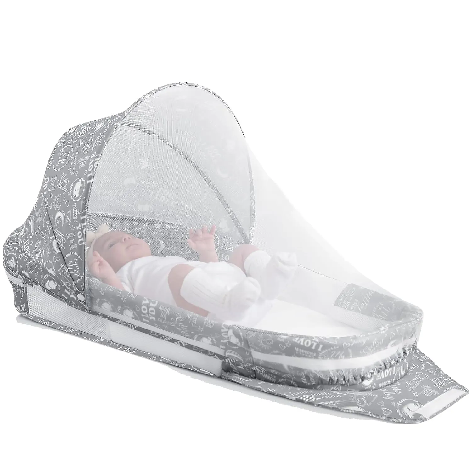 Portable Baby Lounger, Foldable Diaper Bag Babies Nest with 2-in-1 Detaches Mosquito Net & Canopy & Waterproof Pad, Travel Pod Rest Mat, Easy Setup and Storage Ideal for Outdoors Indoors (Gray)