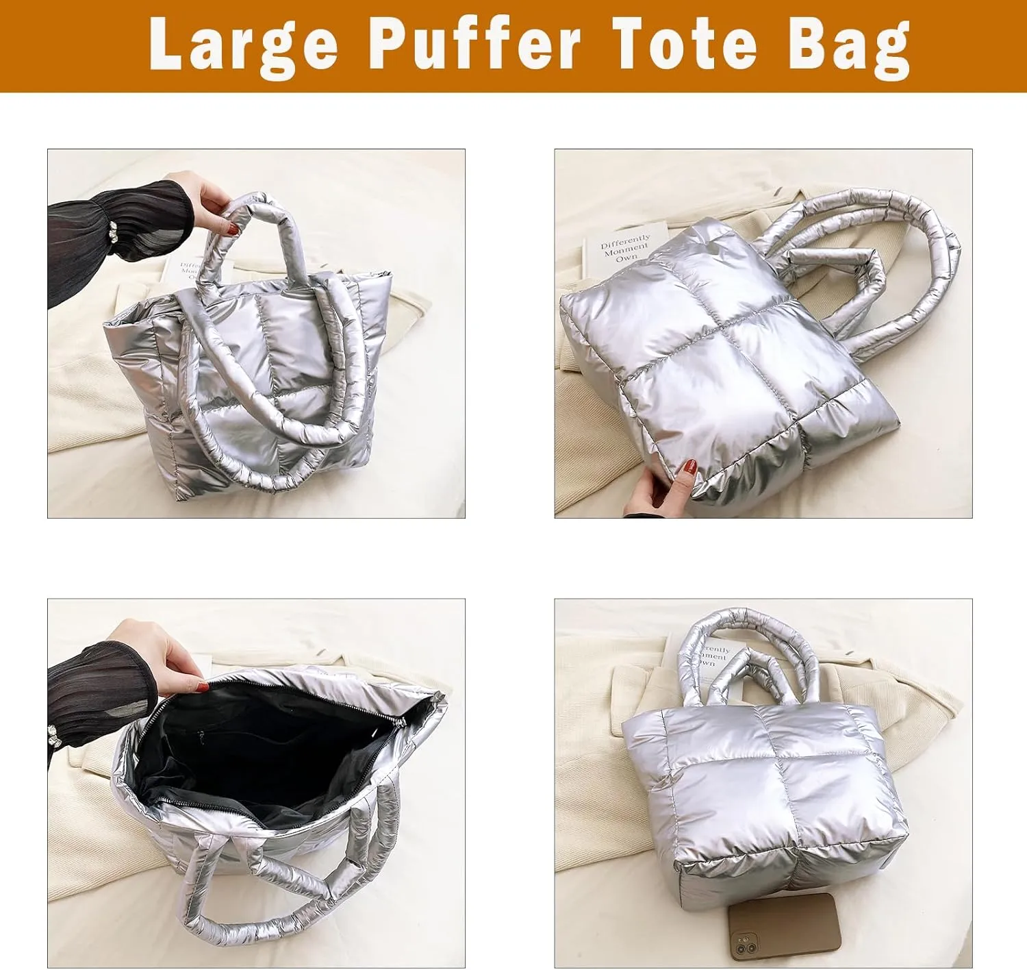 Puffer Tote Bag for Women,Light Weight Quilted Puffy Shoulder Handbag,Padded Down Hobo Purse for Girl