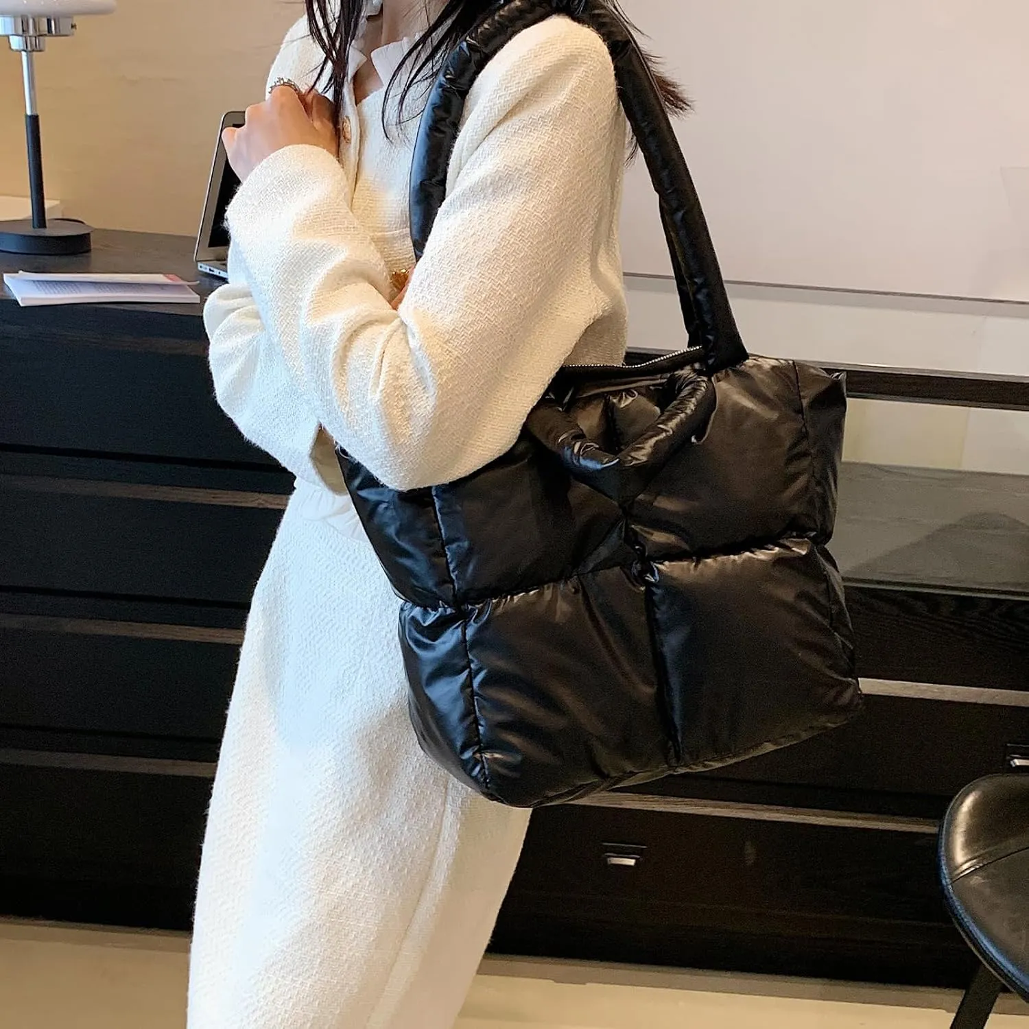 Puffer Tote Bag for Women,Light Weight Quilted Puffy Shoulder Handbag,Padded Down Hobo Purse for Girl