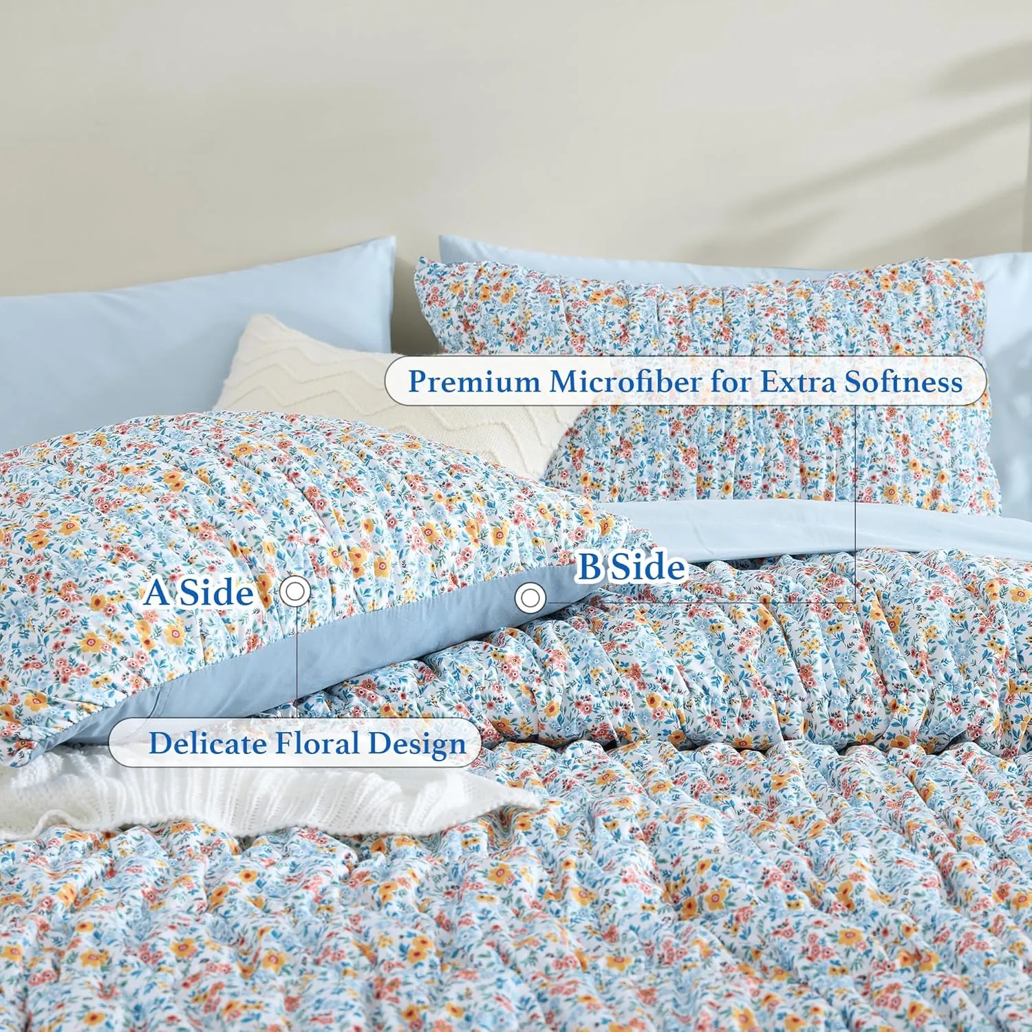 Queen Comforter Set - 7 Pieces Blue Classic Puff Floral Bedding Sets for All Seasons, Shabby Chic Farmhouse Bed in a Bag Queen with Wildflowers Fluffy Comforter, Sheets, Pillowcases & Shams