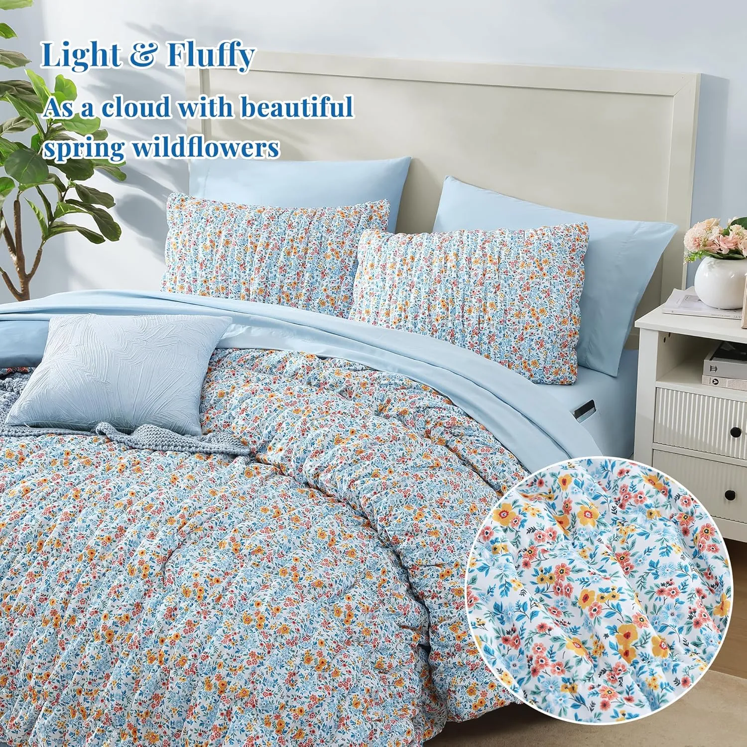 Queen Comforter Set - 7 Pieces Blue Classic Puff Floral Bedding Sets for All Seasons, Shabby Chic Farmhouse Bed in a Bag Queen with Wildflowers Fluffy Comforter, Sheets, Pillowcases & Shams