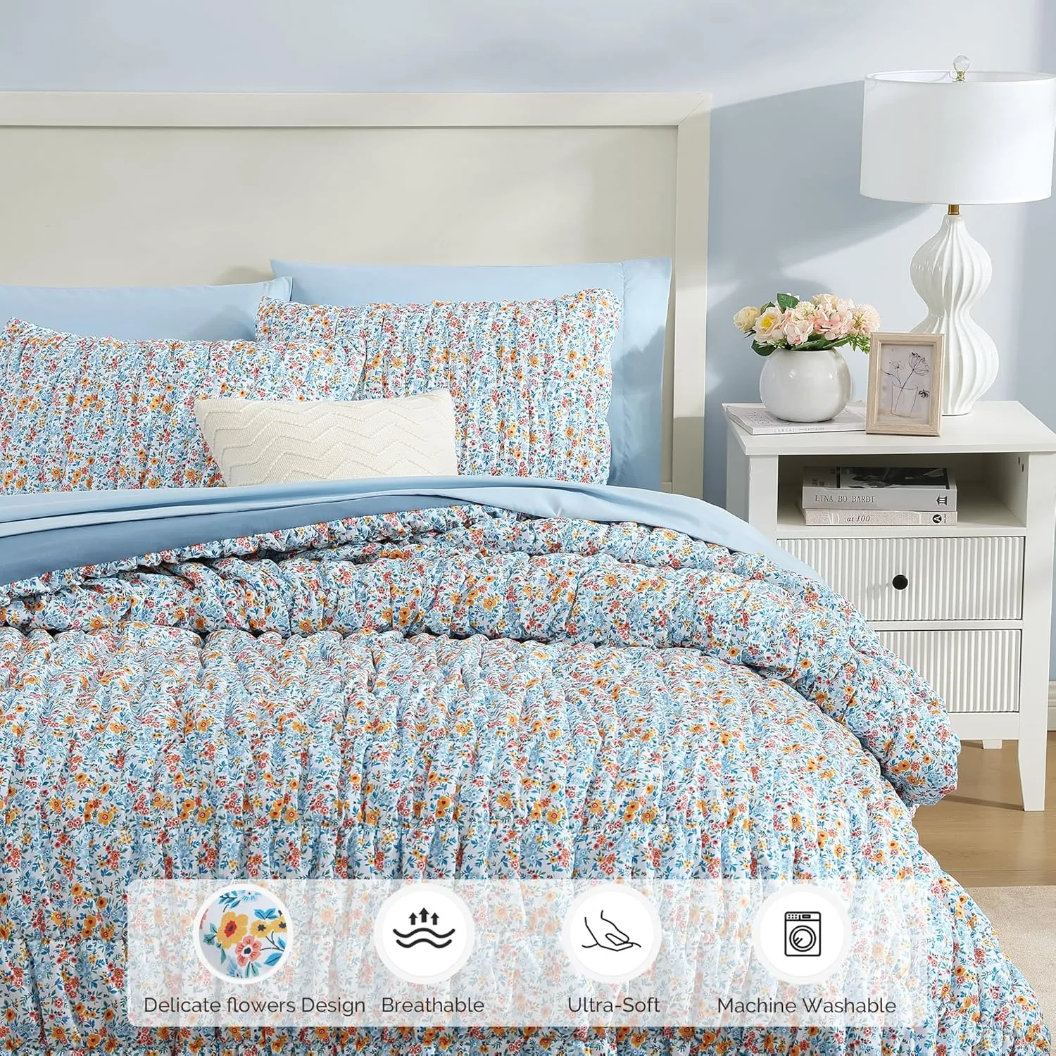 Queen Comforter Set - 7 Pieces Blue Classic Puff Floral Bedding Sets for All Seasons, Shabby Chic Farmhouse Bed in a Bag Queen with Wildflowers Fluffy Comforter, Sheets, Pillowcases & Shams
