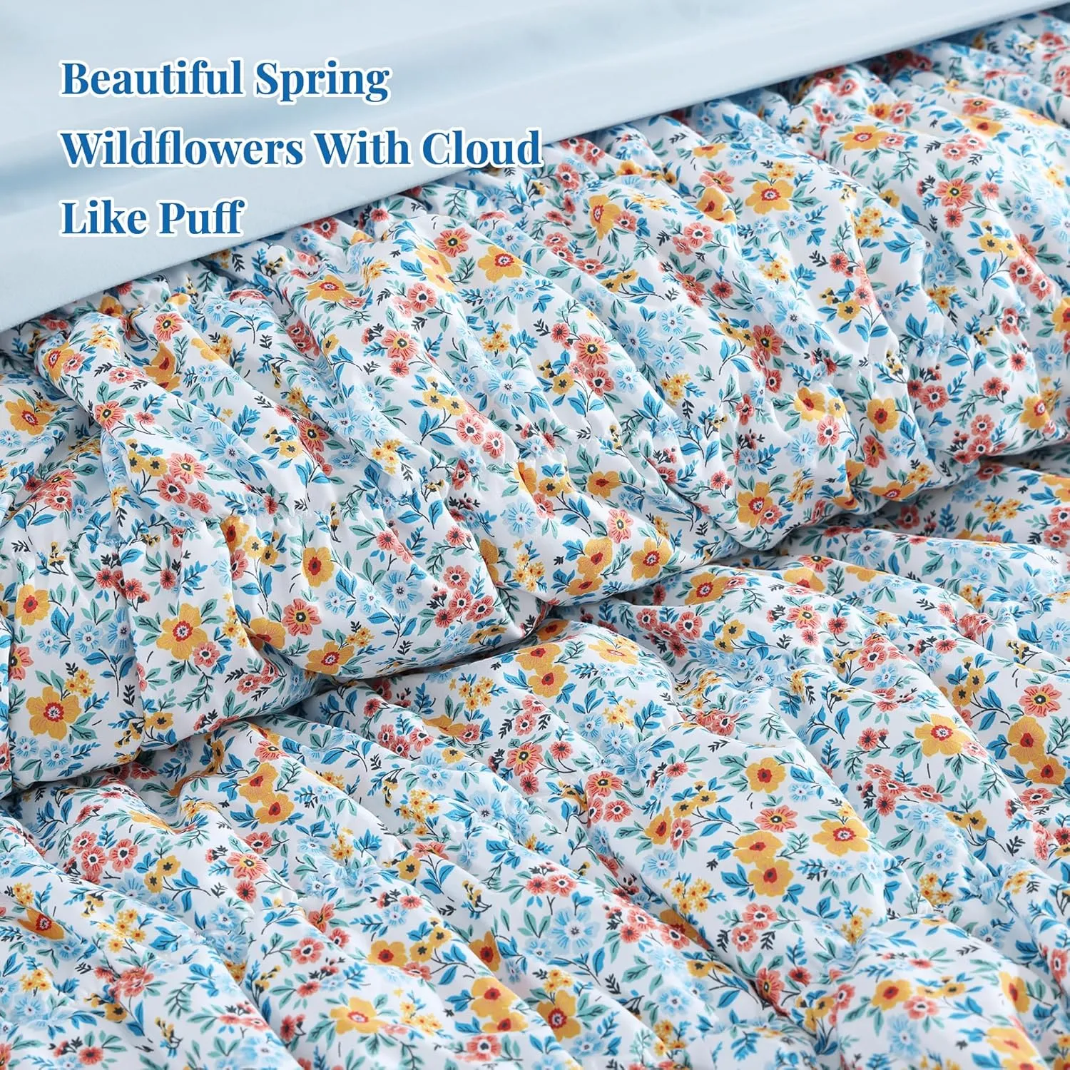 Queen Comforter Set - 7 Pieces Blue Classic Puff Floral Bedding Sets for All Seasons, Shabby Chic Farmhouse Bed in a Bag Queen with Wildflowers Fluffy Comforter, Sheets, Pillowcases & Shams