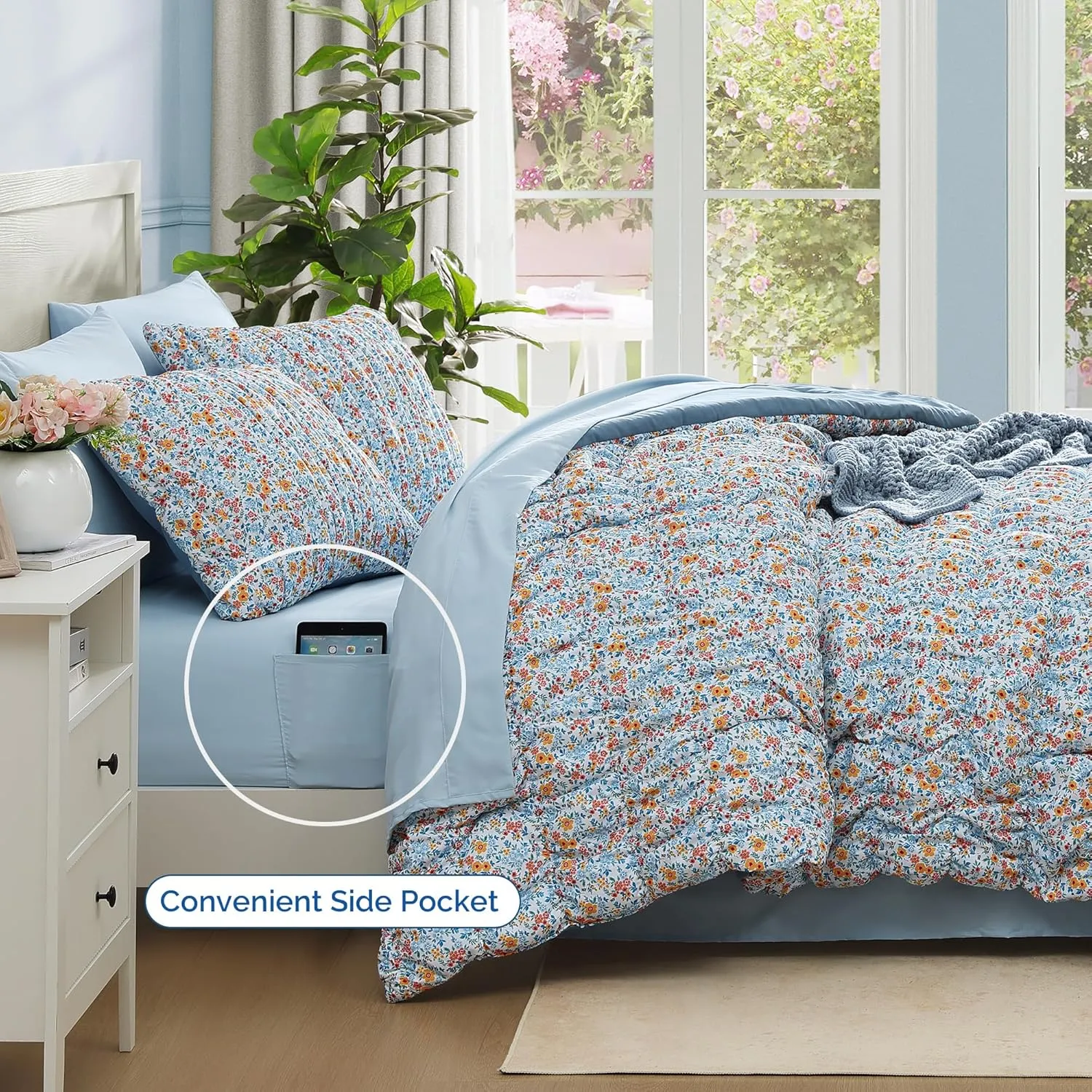 Queen Comforter Set - 7 Pieces Blue Classic Puff Floral Bedding Sets for All Seasons, Shabby Chic Farmhouse Bed in a Bag Queen with Wildflowers Fluffy Comforter, Sheets, Pillowcases & Shams