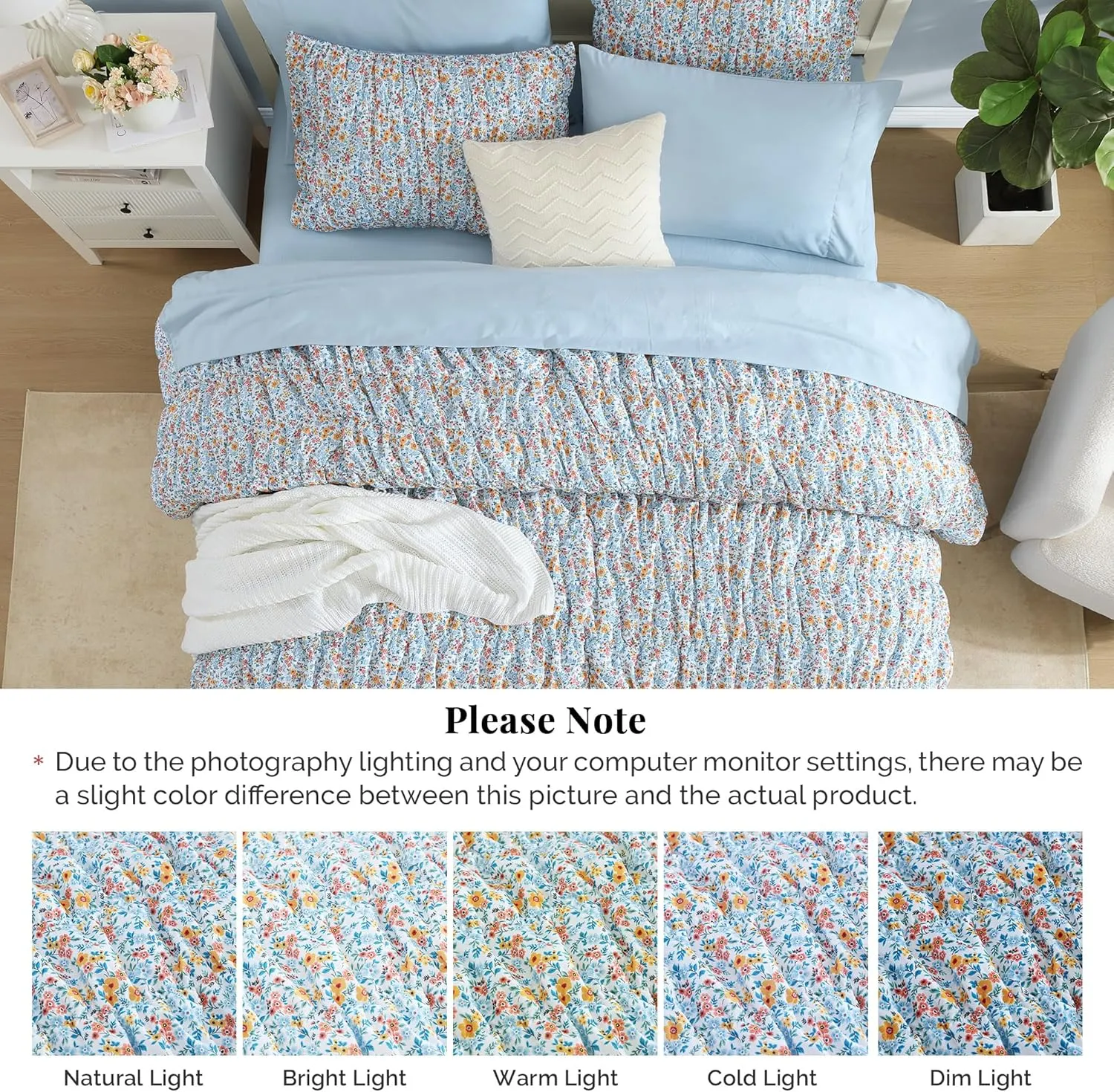Queen Comforter Set - 7 Pieces Blue Classic Puff Floral Bedding Sets for All Seasons, Shabby Chic Farmhouse Bed in a Bag Queen with Wildflowers Fluffy Comforter, Sheets, Pillowcases & Shams