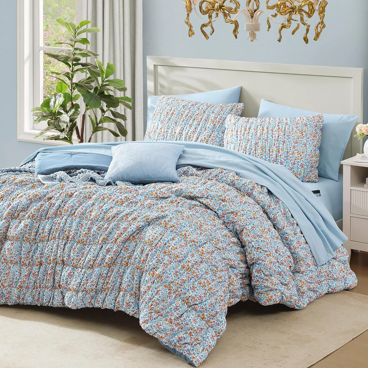 Queen Comforter Set - 7 Pieces Blue Classic Puff Floral Bedding Sets for All Seasons, Shabby Chic Farmhouse Bed in a Bag Queen with Wildflowers Fluffy Comforter, Sheets, Pillowcases & Shams