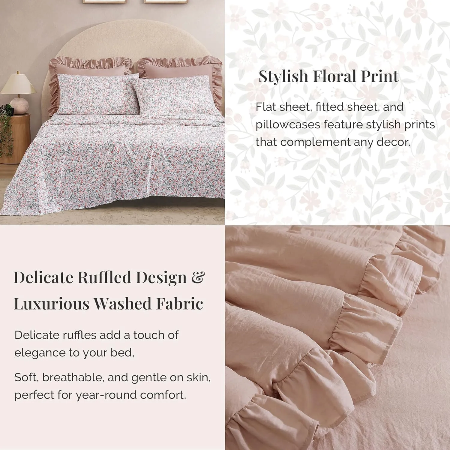 Queen Comforter Set - 7 Pieces Ruffle Pink Bedding Sets, Shabby Chic Farmhouse Bed in a Bag Queen with Ruffle Comforter, Floral Sheets, Pillowcases & Shams