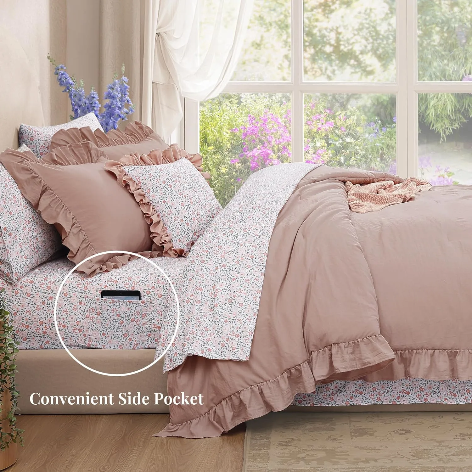 Queen Comforter Set - 7 Pieces Ruffle Pink Bedding Sets, Shabby Chic Farmhouse Bed in a Bag Queen with Ruffle Comforter, Floral Sheets, Pillowcases & Shams
