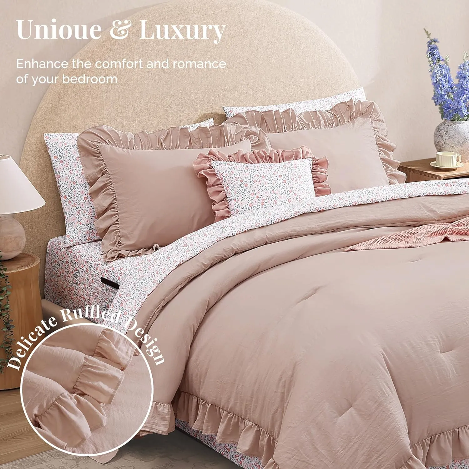 Queen Comforter Set - 7 Pieces Ruffle Pink Bedding Sets, Shabby Chic Farmhouse Bed in a Bag Queen with Ruffle Comforter, Floral Sheets, Pillowcases & Shams