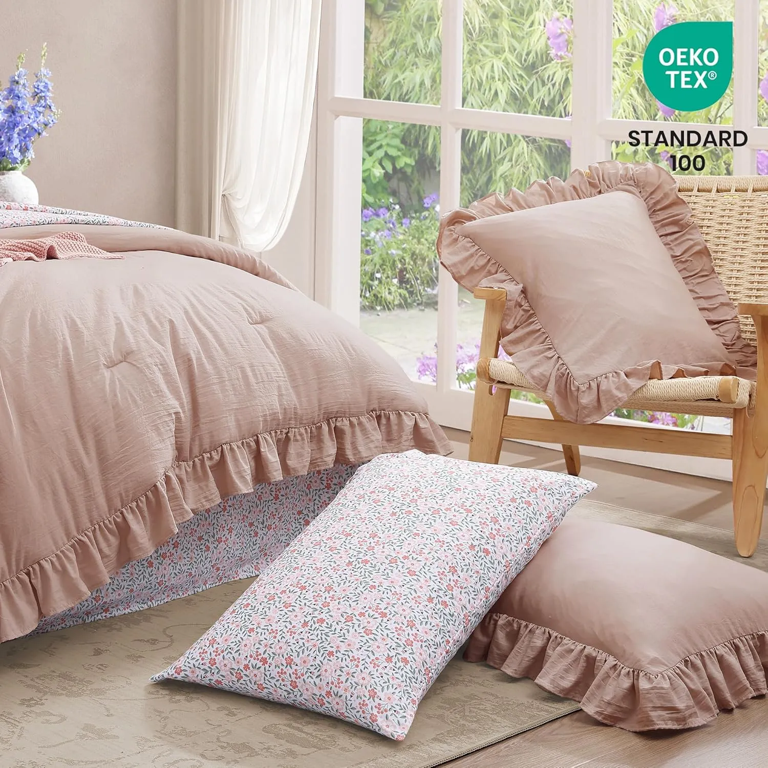 Queen Comforter Set - 7 Pieces Ruffle Pink Bedding Sets, Shabby Chic Farmhouse Bed in a Bag Queen with Ruffle Comforter, Floral Sheets, Pillowcases & Shams
