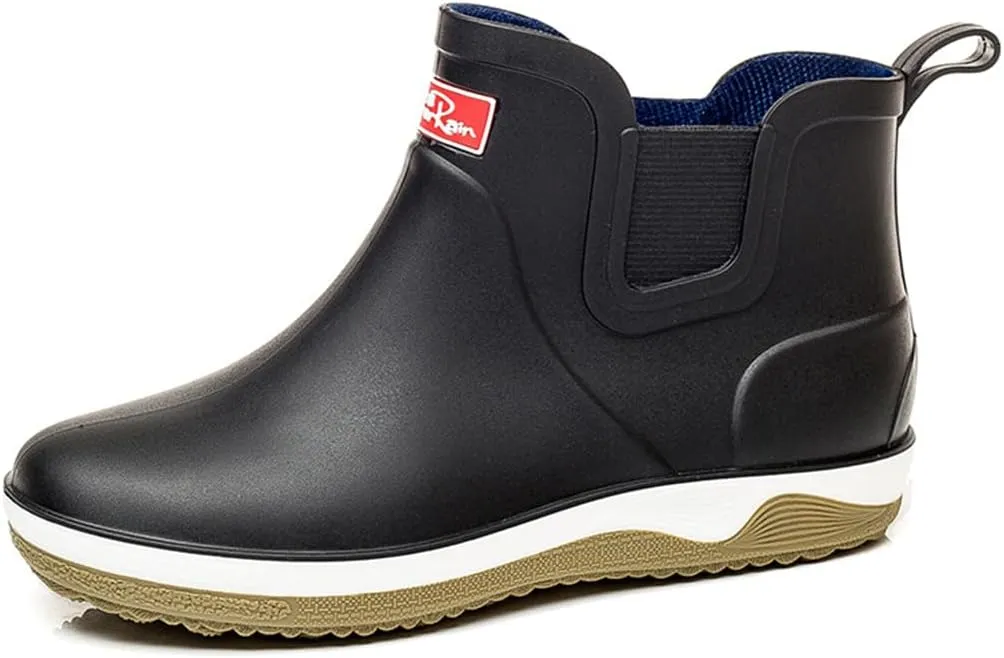 Rain Boots for Mens Thickened Slip On Waterproof Non-Slip Rubber Ankle Boots Rain Chelsea Booties