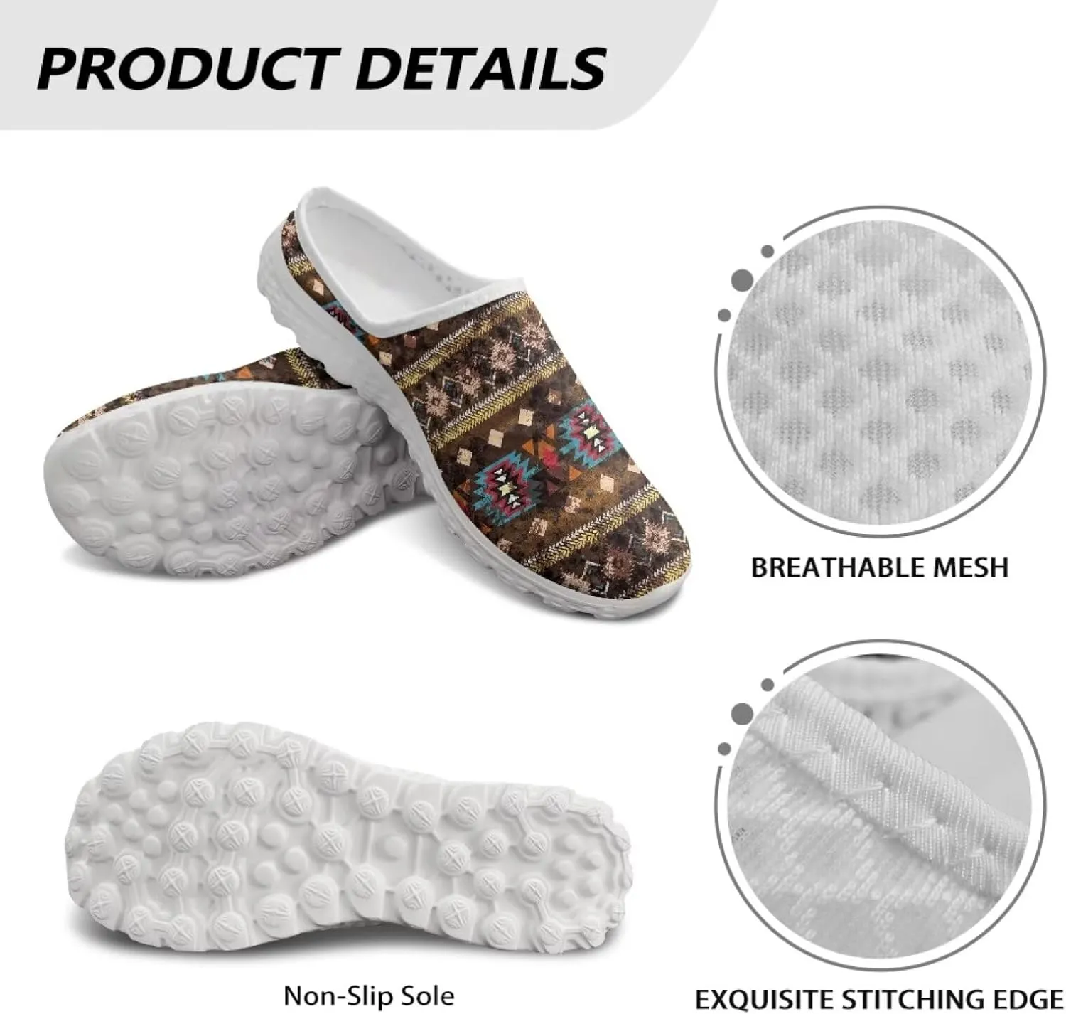 Retro Aztec Tribal Womens Walking Mules Sneakers Stylish Memory Foam Barefoot Slip On Teacher Nursing Loafers