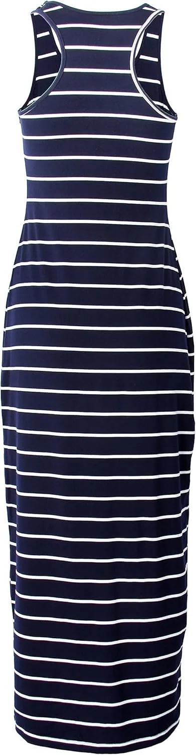 Roselux Women Sleeveless Scoop Neck Striped Maxi Sundresses Loose Racerback Long Dress
