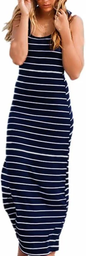 Roselux Women Sleeveless Scoop Neck Striped Maxi Sundresses Loose Racerback Long Dress