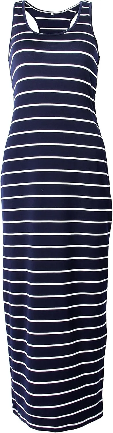 Roselux Women Sleeveless Scoop Neck Striped Maxi Sundresses Loose Racerback Long Dress