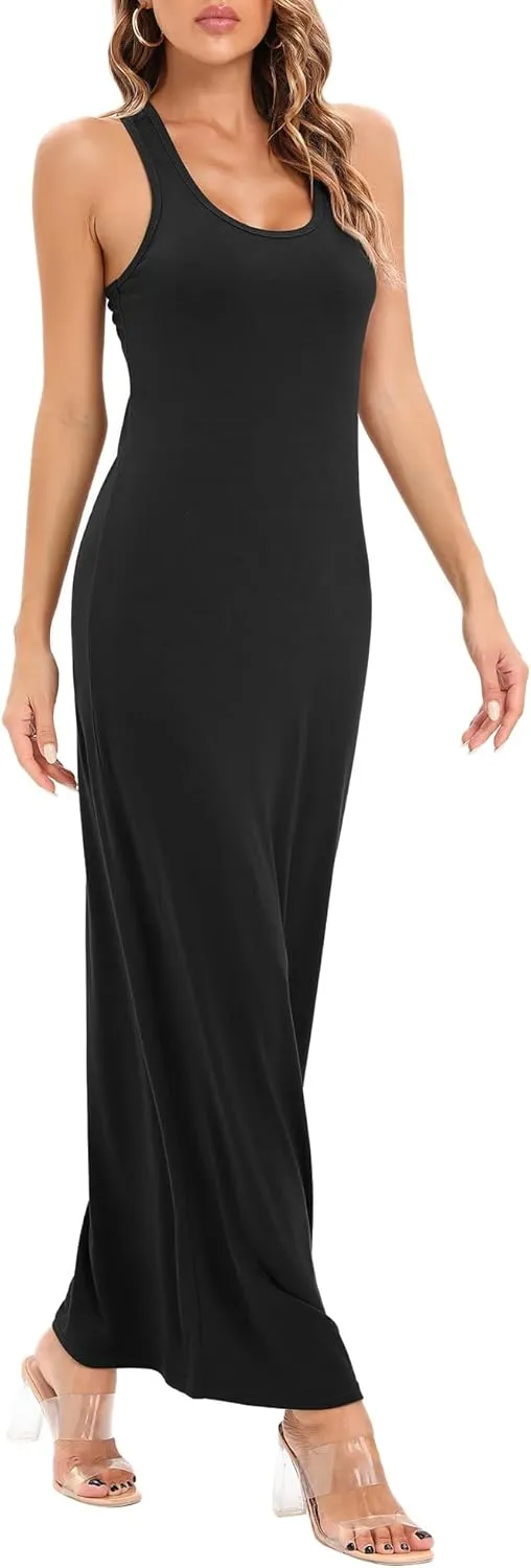 Roselux Women Sleeveless Scoop Neck Striped Maxi Sundresses Loose Racerback Long Dress
