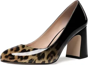 ROSERWISH Womens Comfortable Fashion Patent Party Slip On Round Toe Block High Heel Pumps Shoes 3.3 Inch