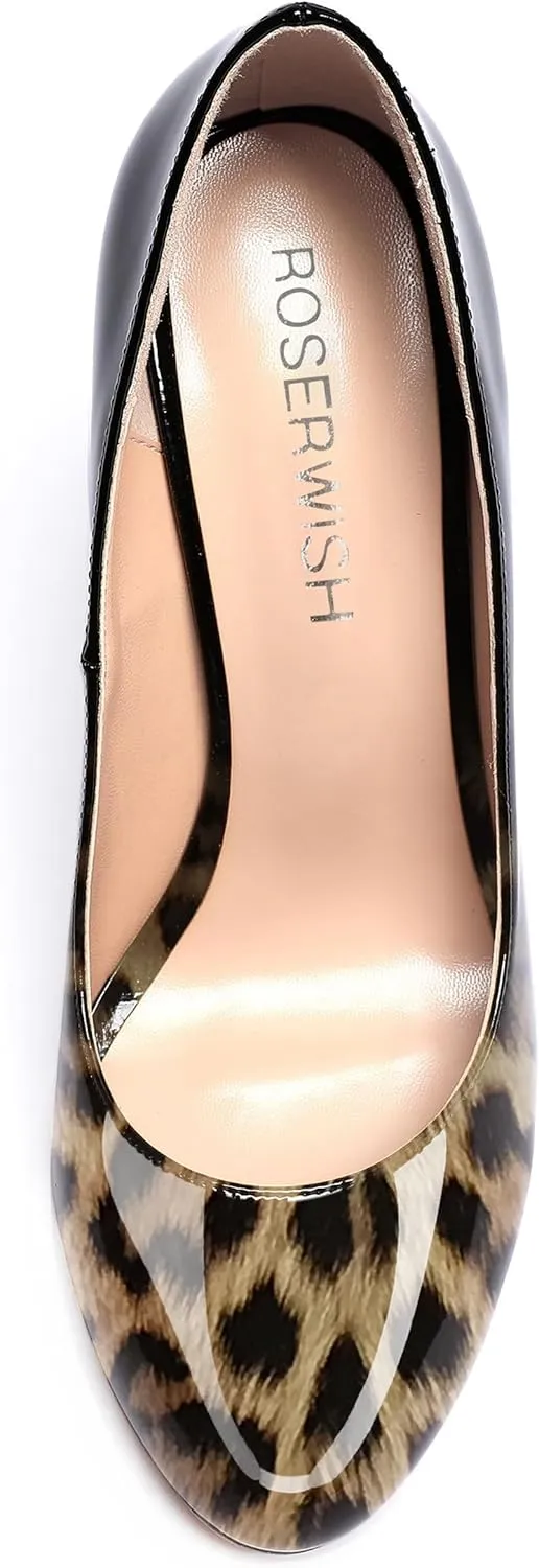 ROSERWISH Womens Comfortable Fashion Patent Party Slip On Round Toe Block High Heel Pumps Shoes 3.3 Inch