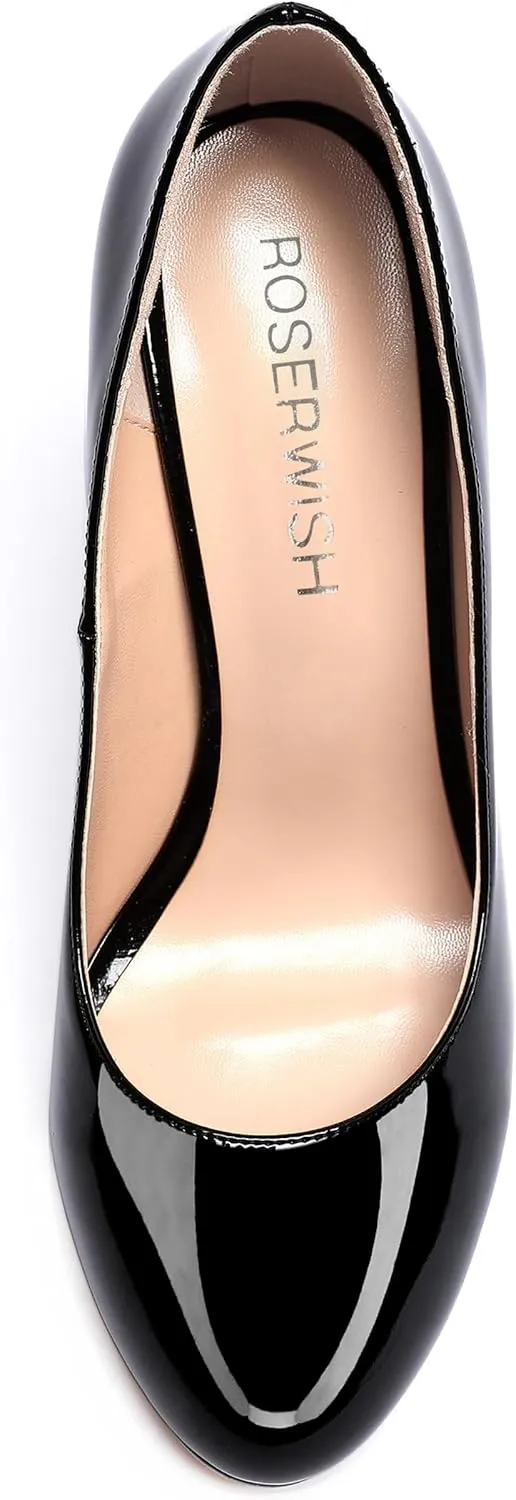 ROSERWISH Womens Party Patent Stylish Slip On Fashion Round Toe Stiletto High Heel Pumps Shoes 3.3 Inch