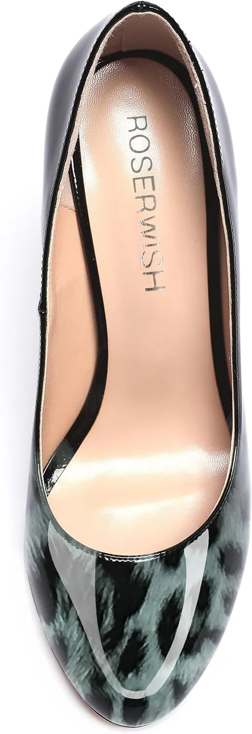 ROSERWISH Womens Party Patent Stylish Slip On Fashion Round Toe Stiletto High Heel Pumps Shoes 3.3 Inch
