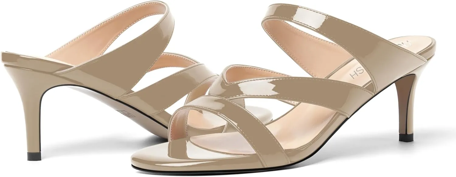 ROSERWISH Womens Strappy Slip On Patent Stylish Party Casual Open Toe Stiletto Mid Heel Heeled Sandals 2.5 Inch
